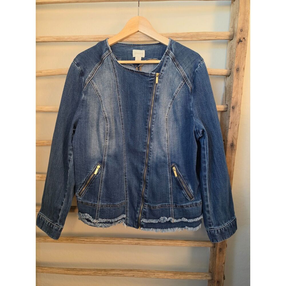 Chico's Denim Moto Jacket Size 3 XL 16/18 Asymmetrical Zip Frayed Hem